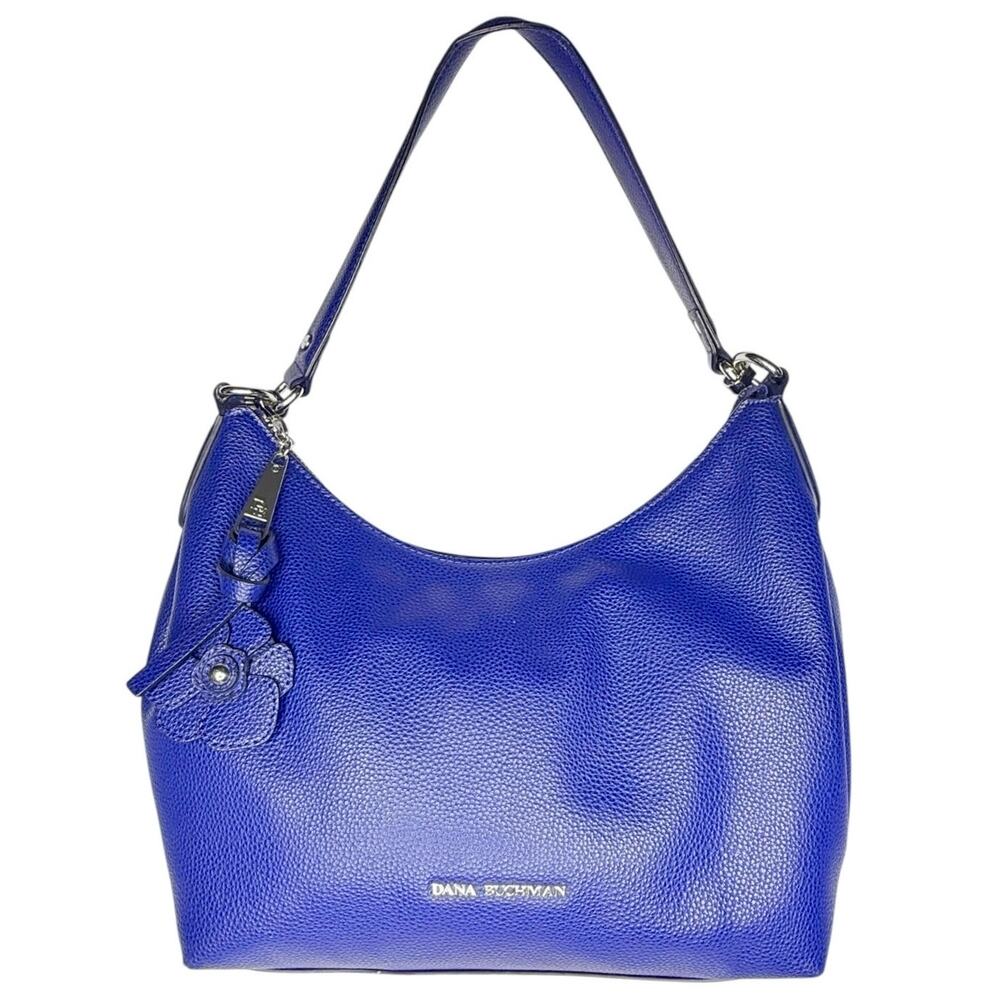 Dana Buchman Loretta Hobo Handbag & Flower Purse Charm Blue Pebbled Faux Leather